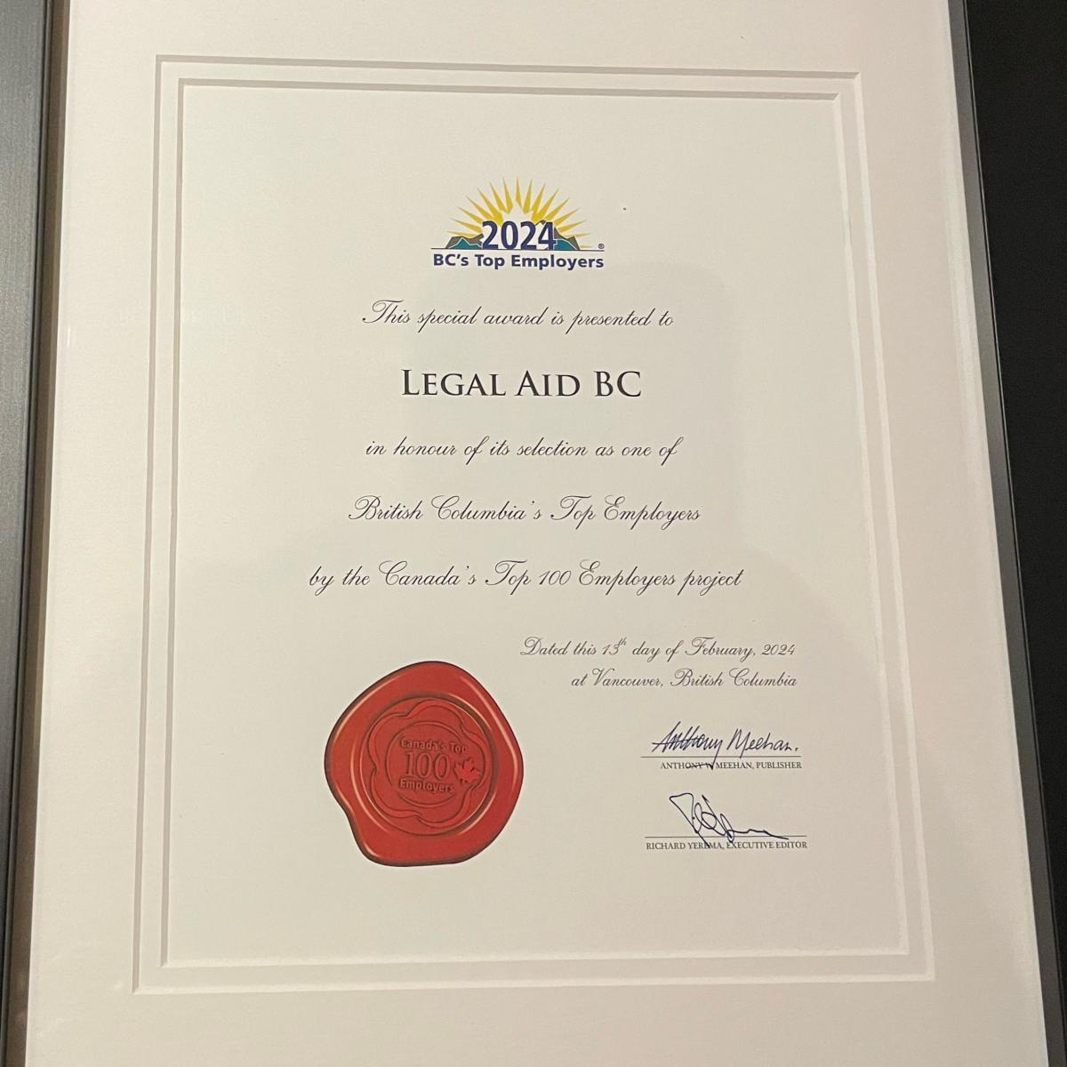 Legal Aid BC recognized as a BC Top 100 Employer Legal Aid BC
